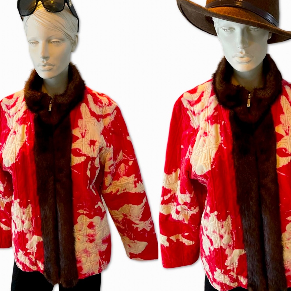 Velvet Quilted Coat Faux Fur Trim Sz Large
